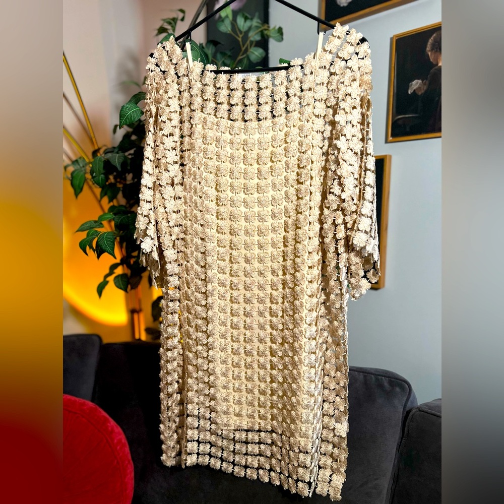 Gold Flower Eyelet Dress 
Flamant Rose 
Size: N/A  (Fits like a size small)
